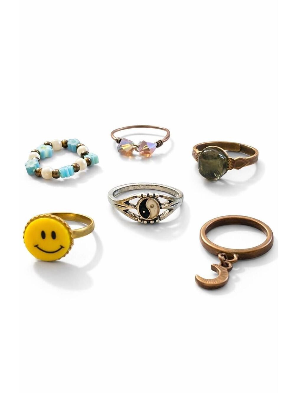 Mixed Ring Lot 6pc Smiley Face Yin Yang Beaded Moon Adjustable Boho Y2K